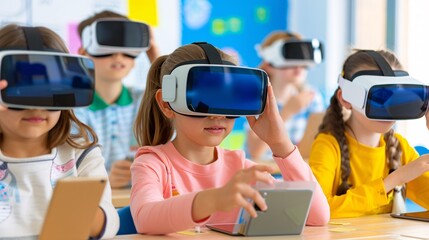 Magazine Photography style, vibrant and colorful classroom, students using VR headsets and tablets, teacher guiding them, modern educational technology, collaboration and teamwork, preparing for