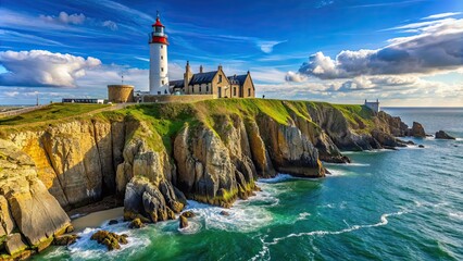 Scenic view of Pointe Saint-Mathieu in Brittany with lighthouse and cliffs, coastline, France, landscape