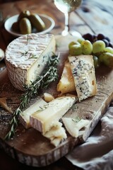 Gourmet Cheese Platter with Grapes, Nuts, and Meats on Wooden Board