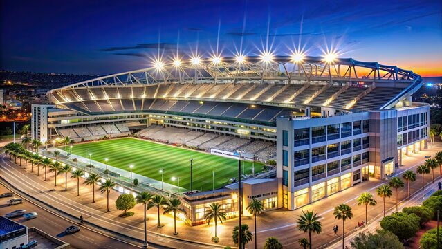 Nighttime view of Snapdragon Stadium in San Diego illuminated by bright lights, stadium, night, lights, San Diego