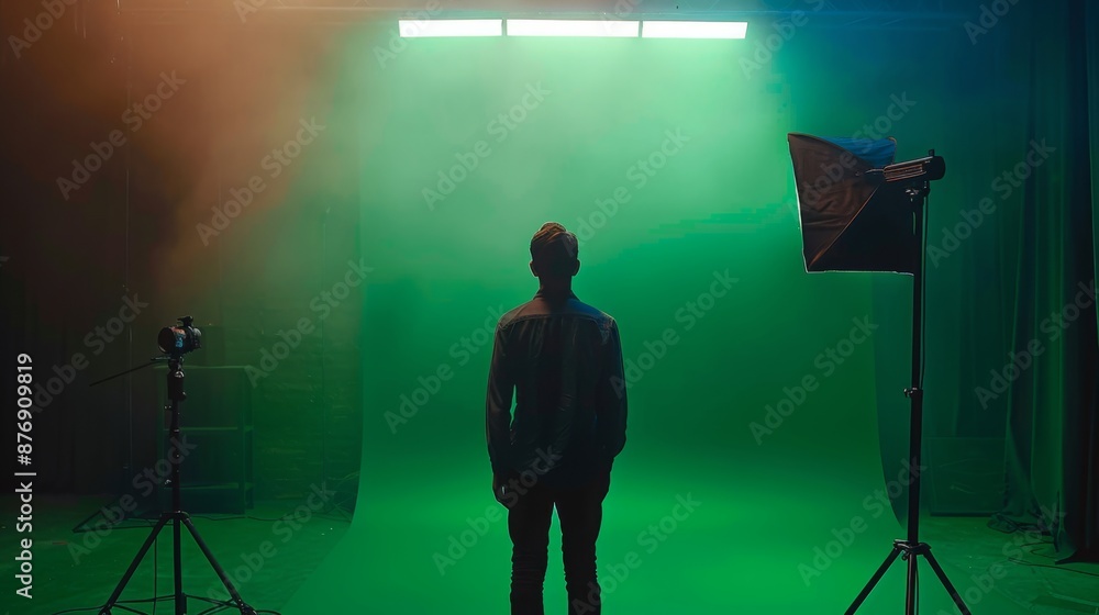 Poster a man stands in front of a green screen in a studio setting. the room is lit with a bright light ove