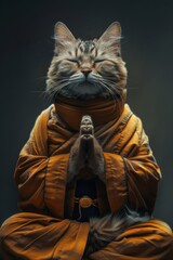 Cute cat in warm clothes on dark background, space for text