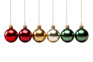 Festive Holiday Ornaments Hanging in Mid-Air on a White or Clear Surface PNG Transparent Background