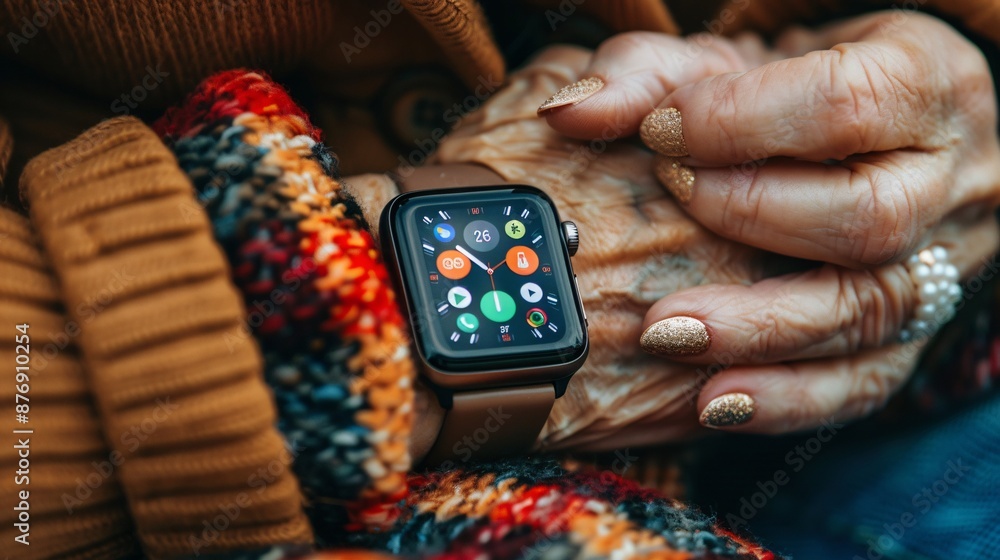 Aufkleber 3d character senior woman using a smartwatch to track steps stock photo with copy space