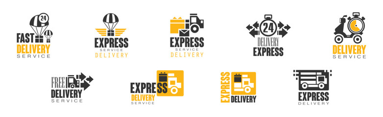 Delivery Service Label and Logo Black and Yellow Design Vector Set