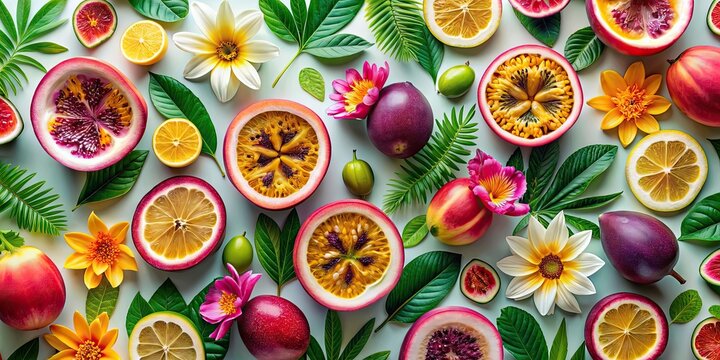 Passion fruit pattern with colorful tropical flowers, passion fruit, pattern, flowers, tropical, vibrant, colorful, exotic