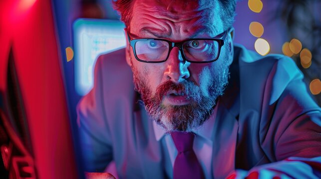Highly detailed image of a professional in office attire, with a concerned expression while troubleshooting a computer issue under a red alert