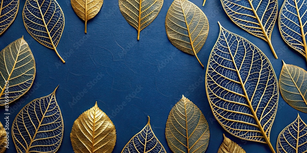 Poster Gold and blue leaf pattern with a gold leaf, gold, blue, leaves, nature, wallpaper, floral, design, elegant, luxury