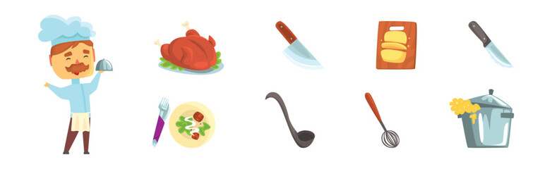 Chef Cooking Different Object and Item Vector Set