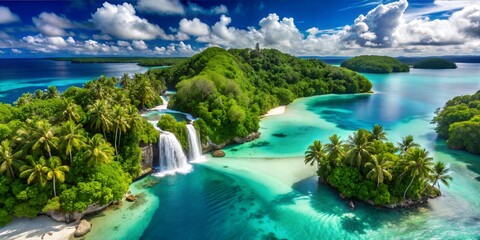 A breathtaking tropical island paradise featuring lush greenery, cascading waterfalls, and a crystal-clear turquoise lagoon under a vibrant blue sky.
