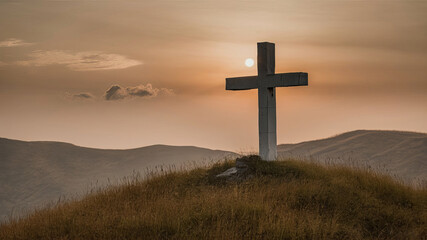 A wooden cross stands silhouetted against a fiery sunset sky, symbolizing faith and sacrifice