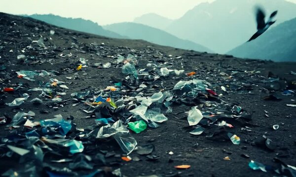 Dumped plastic and garbage littering the mountainous landscape, environmental pollution problem