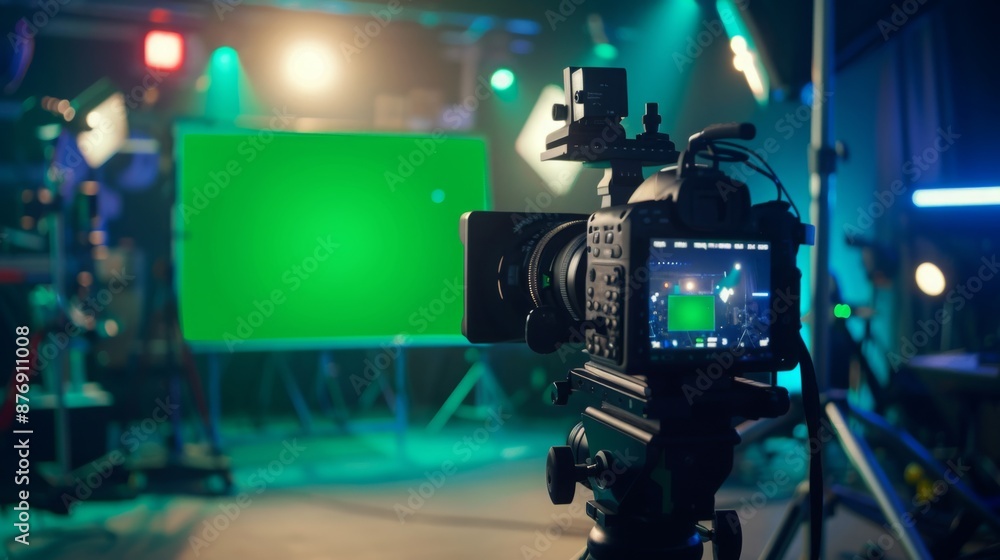 Aufkleber a professional camera is set up on a tripod and pointed towards a green screen in a studio setting, 