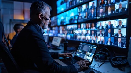 3d character senior man participating in an online meeting via tablet Stock Photo with copy space