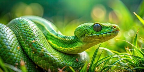 Obraz premium A close-up image of a vibrant green snake coiled in the grass, reptile, slithering, scales, wildlife, nature