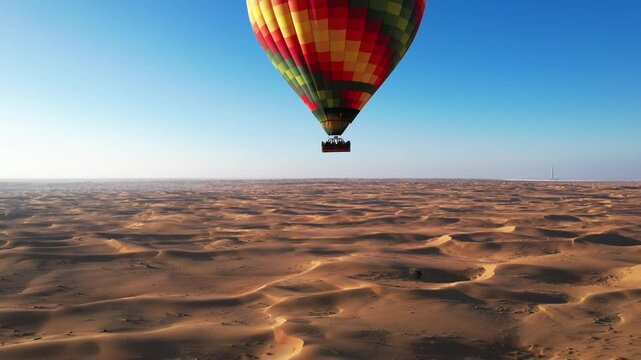 Drone flies around balloons with tourists over the sand dunes of the desert in Dubai