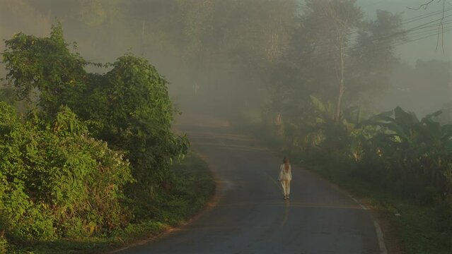 Woman walking alone on foggy and deserted road surrounded by lush green trees and foliage, captured during early morning hours.