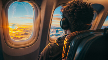 asajero relajado, escuchando música y disfrutando del ambiente tranquilo mientras el avión vuela