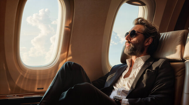 viajero &uacute;nico y elegante, sentado junto a la ventana, encarnando elegancia y &eacute;xito