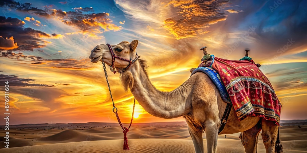 Sticker A close-up photo of a camel standing in the desert with a colorful sunset in the background, desert, camel, sand dunes