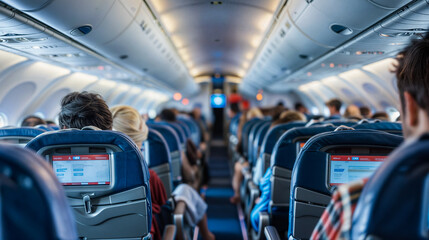 pasajeros relajados, disfrutando del ambiente tranquilo mientras el avión se prepara para despegar