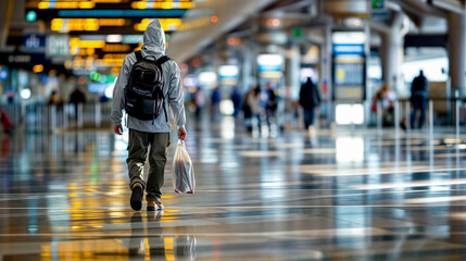 Un hombre, caminando con confianza por el aeropuerto, listo para el viaje que le espera