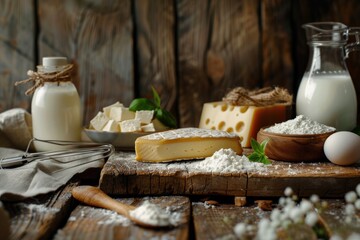 Assorted Dairy Products on Wooden Table with Fresh Herb Garnish