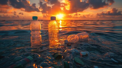 A view of plastic bottles and other debris floating in the ocean against a sunset backdrop, highlighting the environmental impact and need for ocean clean-up efforts.