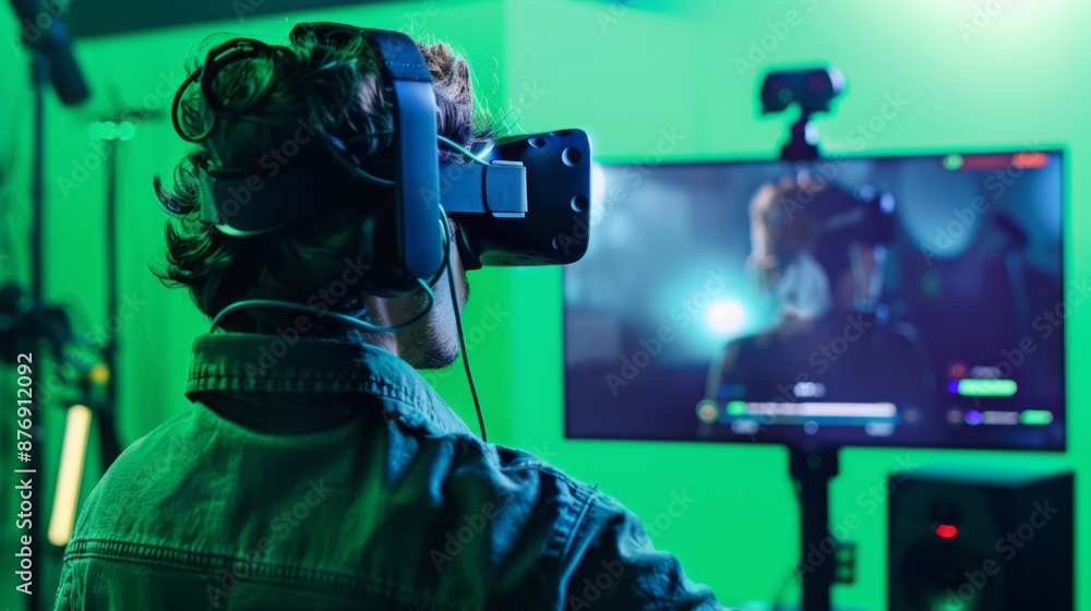 Fototapete a man wearing a vr headset is immersed in a virtual world, with a green screen backdrop and a monito