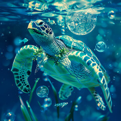 Obraz premium Giant Sea Turtle. Generated image. A digital illustration of a painting of a giant sea turtle in the ocean with sea plants and bubbles.