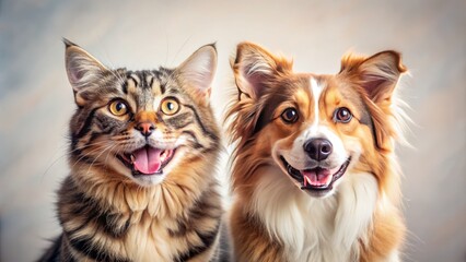 Obraz premium A Cat And A Dog Are Sitting Side By Side, Looking At The Camera With Happy Expressions On Their Faces.