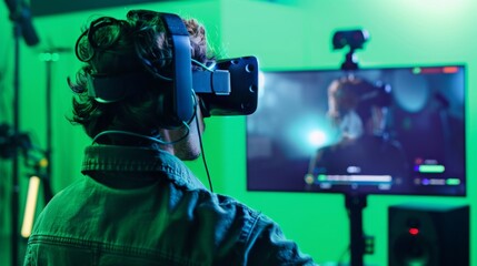 A man wearing a VR headset is immersed in a virtual world, with a green screen backdrop and a monitor displaying a video game scene.
