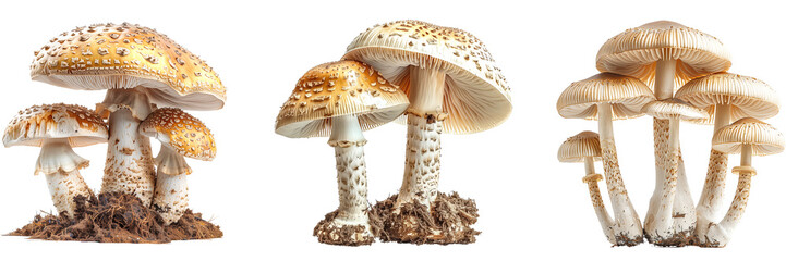 Set of 3 Ampulloclitocybe clavipes (Club Foot) Mushroom on a transparent background, mushroom, Fungi, Toadstool, Wild mushrooms, png file, cut off bg, alpha channel, 300 dpi 