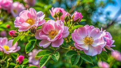 Light Pink Wild Roses In Full Bloom With Green Leaves And Buds On A Sunny Day