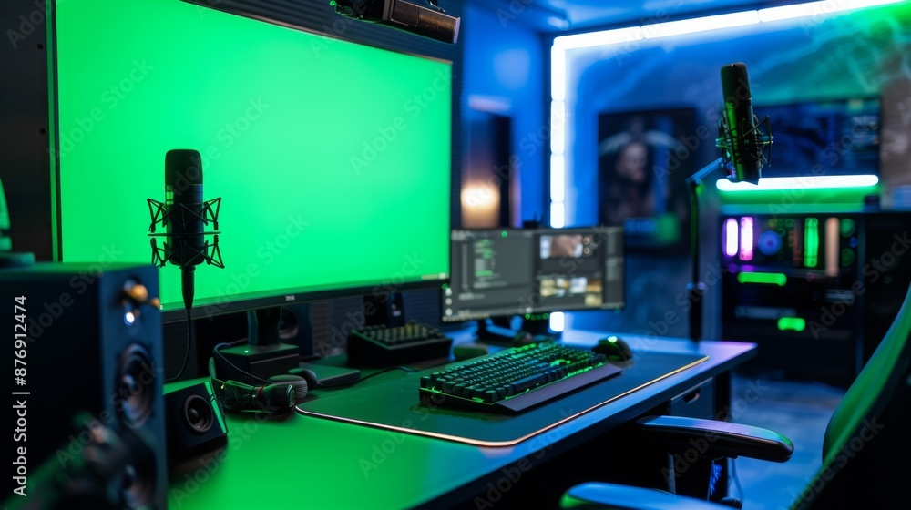 Poster a professional green screen recording setup, with a microphone and a desk in a room with blue accent