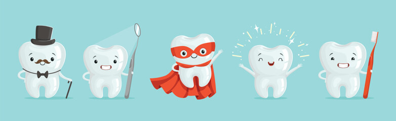 Funny Tooth Character with Cute Face Vector Set