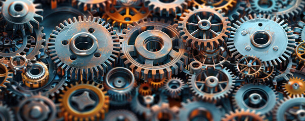 A close-up of interlocking gears and cogs, symbolizing teamwork, industry, and mechanical engineering.	