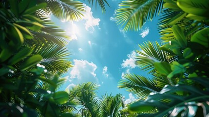 Fototapeta premium A sunny tropical background with palm trees and a blue sky. A view from below