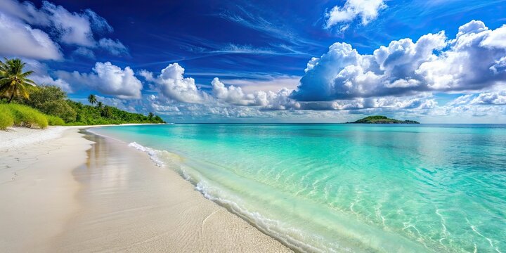 Virtual background of a serene beach with turquoise water and white sandy beach, zoom, background, virtual, beach, serene
