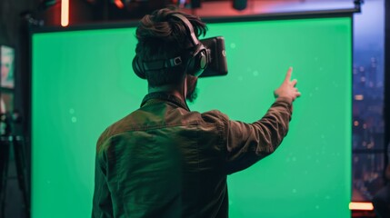 A man wearing a VR headset stands in front of a green screen, his arm extended towards it.