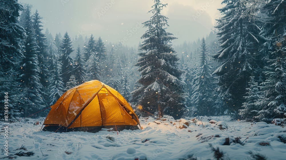 Poster a glowing tent is set amidst a snowy forest at dusk, creating an inviting ambiance. the soft, fallin