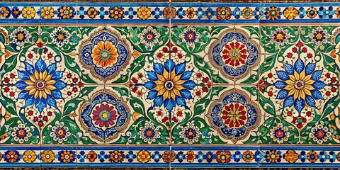Vintage tiles with geometric and floral borders in vivid colo, vintage, tiles, geometric, floral, borders, colorful