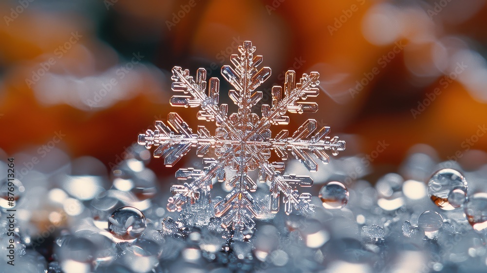 Poster a finely detailed snowflake stands out on a sparkling surface with warm orange hues in the backgroun