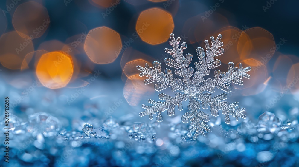 Poster an intricate snowflake in sharp focus is set against a warm, orange bokeh background, creating a bea