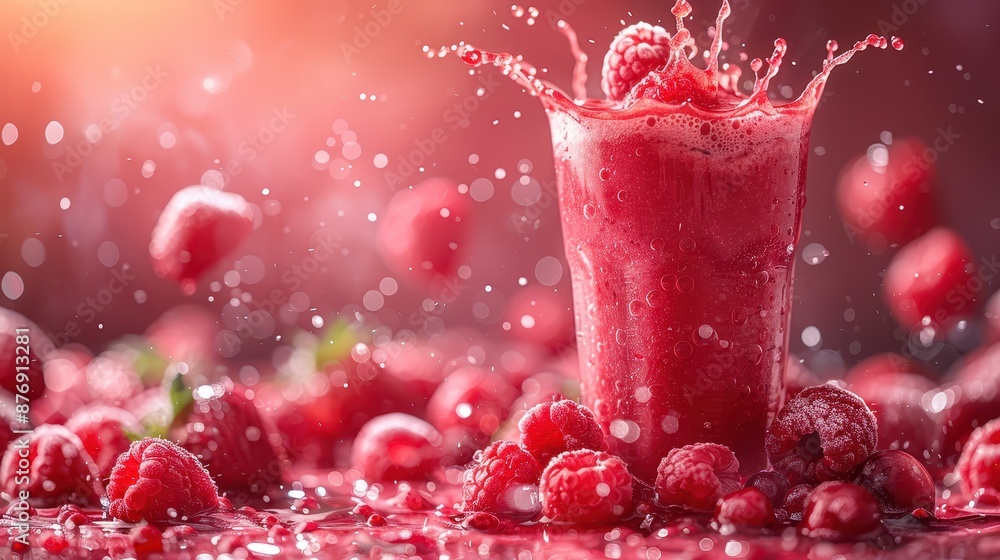 Aufkleber a refreshing raspberry smoothie splashes out of a glass amidst a collection of fresh raspberries, ca