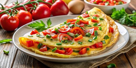 Delicious and nutritious omelette with tomato, bell pepper, onion, and cheese for a healthy breakfast , breakfast, omelette