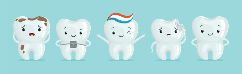 Funny Tooth Character with Cute Face Vector Set