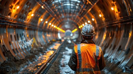 Naklejka premium A worker in reflective gear and a helmet inspects the progress of a tunnel construction project, highlighting the modern infrastructure development and safety measures.