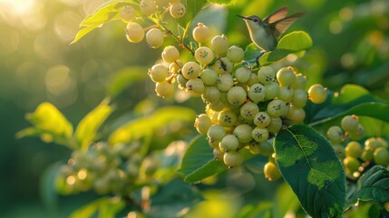 Hummingbird Perched on a Branch of Berries