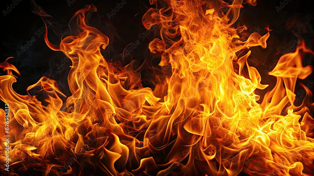 Wall mural close-up of fiery flames on dark backdrop, fire, burning, heat, hot, flames, close up, black backgro